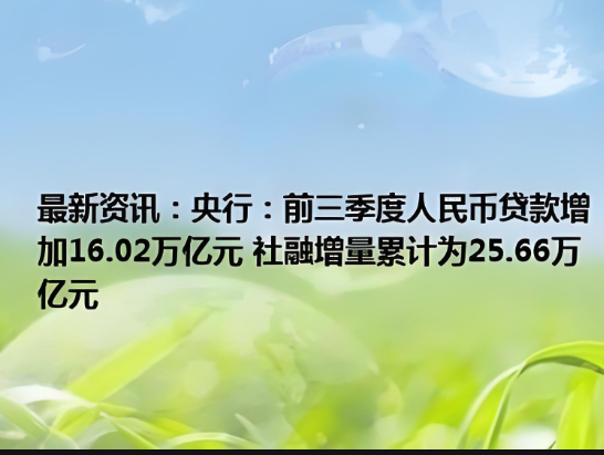 前三季度，我國人民幣貸款增加16.02萬億元，社會融資規(guī)模增量累計為25.66萬億元